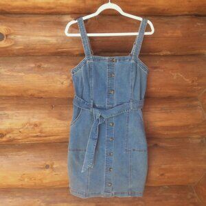 SO Belted Western Light Wash Overall Button Down Retro Jumper Dress Size XXL